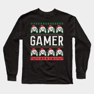 Gamer Christmas Pajama Game Controller Santa Hat Video Gaming Ugly Christmas Sweater Long Sleeve T-Shirt